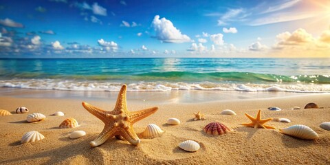Wall Mural - Sandy summer beach with starfish and seashells scattered along the shore , vacation, tropical, ocean, relaxation, coastal