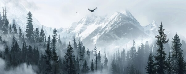 Wall Mural - Rocky mountain peak shrouded in mist with a lone eagle soaring overhead, 4K hyperrealistic photo