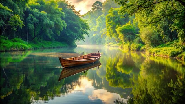 A serene boat floating on a calm river surrounded by lush greenery, boat, river, peaceful, tranquil, nature, serene
