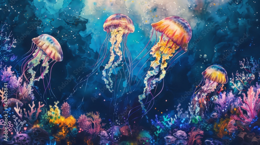 Colorful jellyfish swimming in a vibrant underwater scene surrounded by ...
