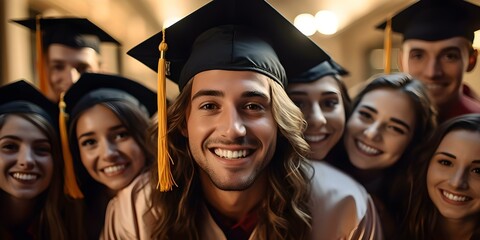 Graduate proudly smiling with loved ones in a close-up of cap in natural light. Concept Graduation, Family, Close-up, Smiling, Natural Light