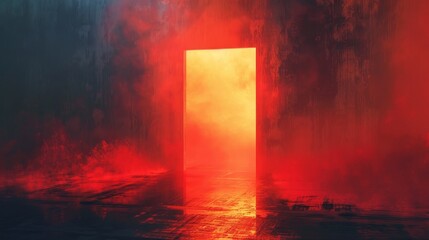 Wall Mural - A red door is in the middle of a room with smoke and fire