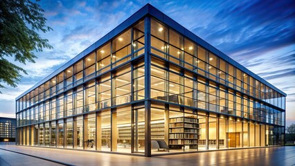 Wall Mural - Modern library building exterior with glass walls and bright interior lighting, library, architecture, books, education