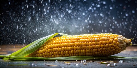 Wall Mural - Fresh corn on the cob with glistening raindrops of water on a dark background , corn, fresh, produce, vegetable, agriculture