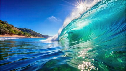 Wall Mural - Clear wave curls gracefully in a turquoise sea under a bright blue sky, Ocean, wave, water, curl, turquoise, clear, sea