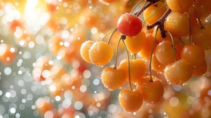 Wall Mural - cherry berries float in the air. ripe harvest, splashes of water. levitation.