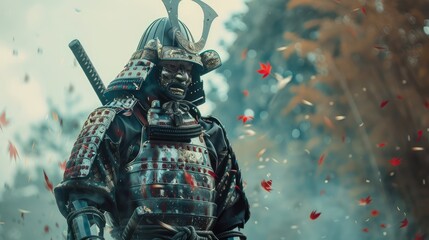 Photo of a samurai in traditional armor. AI generated.
