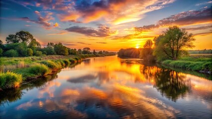 Canvas Print - Sunset casting a warm glow over the tranquil river, sunset, river, water, reflection, nature, dusk, evening, sky, clouds