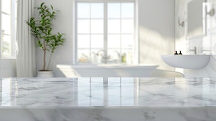 White bathroom interior. with towel on marble table with blurred bathroom interior background