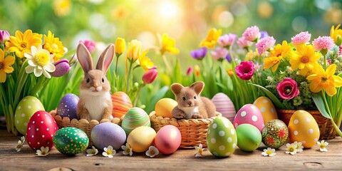 Wall Mural - Joyful Easter celebration with colorful Easter eggs, spring flowers, and bunny decorations, Easter, celebration, holiday, happy