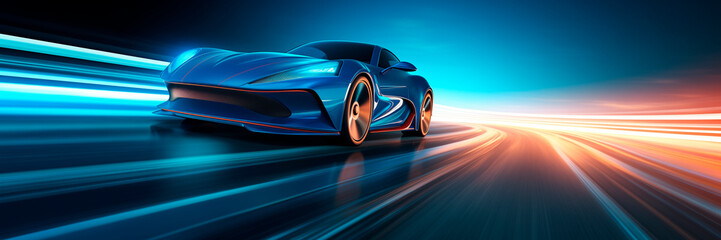 Wall Mural - car driving in motion, blue car on high speed . Blue car rushing along a high-speed highway.banner. speed concept. power style 