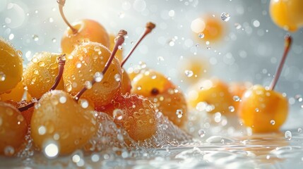 Wall Mural - cherry berries float in the air. ripe harvest, splashes of water. levitation.