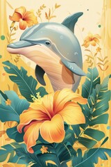 Wall Mural - Vertical banner. World Whale and Dolphin Day. Flat illustration. Cute dolphin in the sea, blue background with yellow flowers. Marine animal protection concept. Free space for text