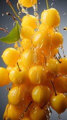Wall Mural - yellow cherries flying, falling in the air. juicy garden berries froze in flight. levitation.