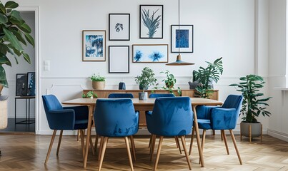 Wall Mural - Blue chairs around a wooden dining table in a white room with a sideboard and plants. Scandinavian home interior design ai generative