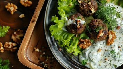 Sticker - Arrangement of Food with Lettuce Beef Balls Creamy White Sauce and Walnuts