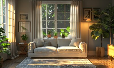 Poster - image of interior of gray walled living room with comfortable sofa center table carpet curtains potted plant while window sunlight and standing lamp illuminating place
