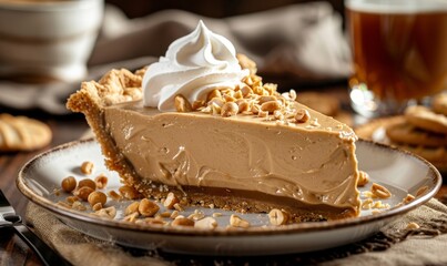 Canvas Print - a slice of peanut butter pie with whipped cream topping and crushed peanuts, served on a plate with a background setting of a beverage and cookies