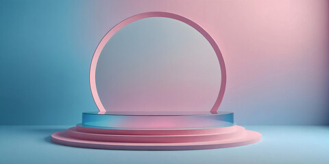 3D realistic blue and pink gradient empty podium platform product display with circle glass backdrop minimal wall scene background copy space. You can use a cosmetic mockup presentation, ads