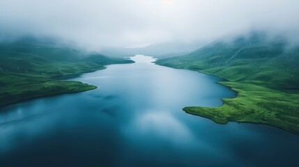 A stunning aerial view of two tranquil lakes surrounded by lush green hills and misty mountains in Quirang, Isle of Skye, Scotland.