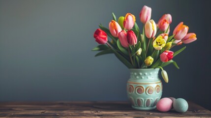 Wall Mural - beautiful eastern eggs on table with flowers