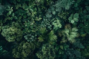 Tropical forest trees seen from above in an aerial view. Generative Ai
