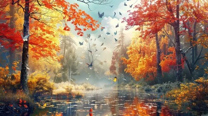 Vibrant autumn foliage paints a picturesque scene amidst serene nature