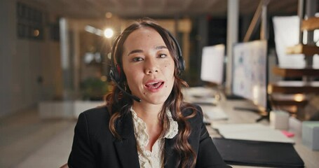 Poster - Woman, call center or video conference for conversation with support, telemarketing agent with explanation. Female consultant, customer service or talking with microphone, advisory or assistance