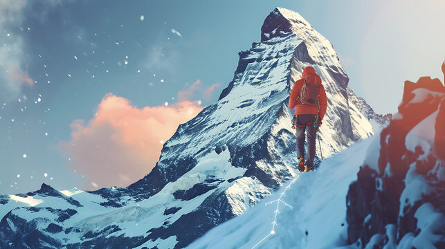 A person climbing a route slope towards a mountain peak aiming for success concept