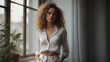 © KraPhoto - Elegant Portrait of a Woman with Curly Hair in White Shirt and Trousers by the Window with Soft Natural Light