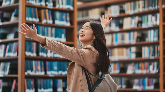 A young joyful student stands with her arms outstretched in the library. Book Lovers Day