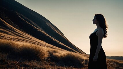 Poster - A woman in a black dress stands in profile against a dramatic, mountainous landscape with a golden sunset behind her