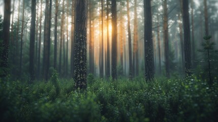  A mesmerizing view of lush green woodland bathed in soft sunlight, located in Karelia, Russia. The light filters through tall, dense trees, creating a serene and magical atmosphere.