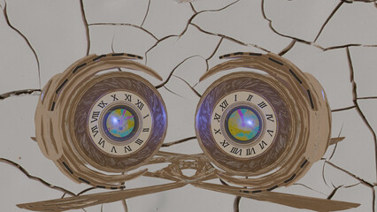 Fantasy watch in the form of glasses, abstract metallic blue colorful face 3D render.