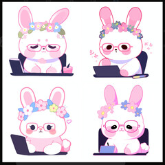 set of cute rabbit cartoon working