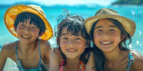 portrait of happy Japanese teens relaxing on Okinawa beach. ai generated