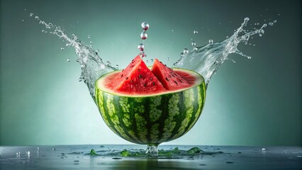 Wall Mural - Watermelon dropping water from above , watermelon, fruit, refreshing, summer, drop, splash, juicy, red, green, freshness