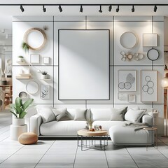 A living room style interior set design there is an poster empty white with a couch and a picture frame decoration engaging engaging.