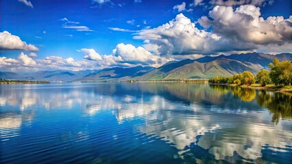 Wall Mural - Waterfront view of picturesque Kerkini lake with mountains, blue sky, and clouds, waterfront, view, picturesque