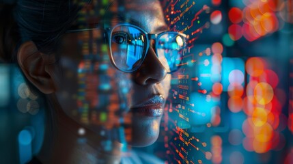 intense close-up of an it specialist with glasses, computer code and circuit board graphics, vivid t