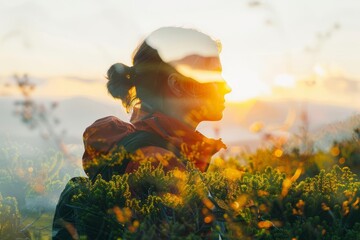 Portrait of an environmental scientist in the field, focus on natural landscapes and wildlife, bright colors, Double exposure silhouette with ecological exploration