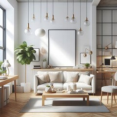 Wall Mural - A living room style interior set design with a mockup poster empty white and with a couch and a table Vibrant engaging.