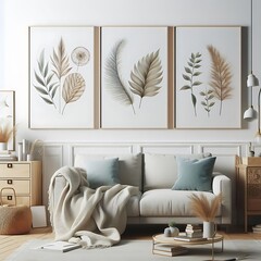 Wall Mural - A living room style interior set design with a mockup poster empty white and with a couch and paintings on the wall Vibrant Vibrant photos.