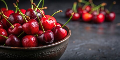 Wall Mural - Close-up of fresh cherries in a dark bowl, showcasing vibrant red color and natural appeal, Fresh, Cherries, Bowl, Dark, Vibrant
