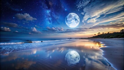 Wall Mural - Night sky and full moon reflecting on tranquil beach, beach, night sky, moon, reflection, tranquil, peaceful, serene