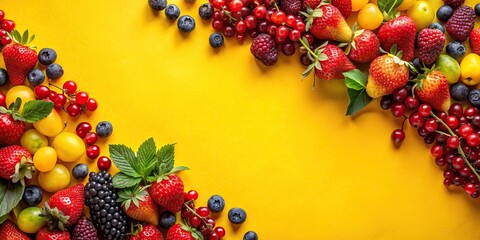 Wall Mural - Ripe berries and fruits arranged beautifully on a bright yellow background , vibrant, colorful, fresh, summer, harvest, organic