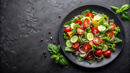 Wall Mural - Fresh vegetable salad on a black round plate isolated, healthy, meal, vegetarian, salad, fresh, vibrant, colorful