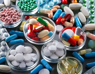 An array of multicolored pharmaceutical pills and capsules