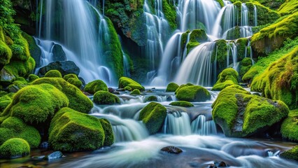 Wall Mural - Close-up view of a waterfall splashing onto vibrant green moss-covered rocks, waterfall, close-up, water, splashing, rocks