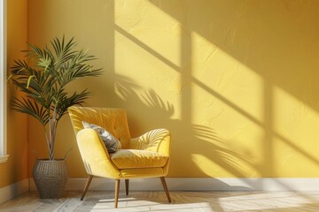 Wall Mural - Modern light yellow home interior background, wall mock up, 3d render